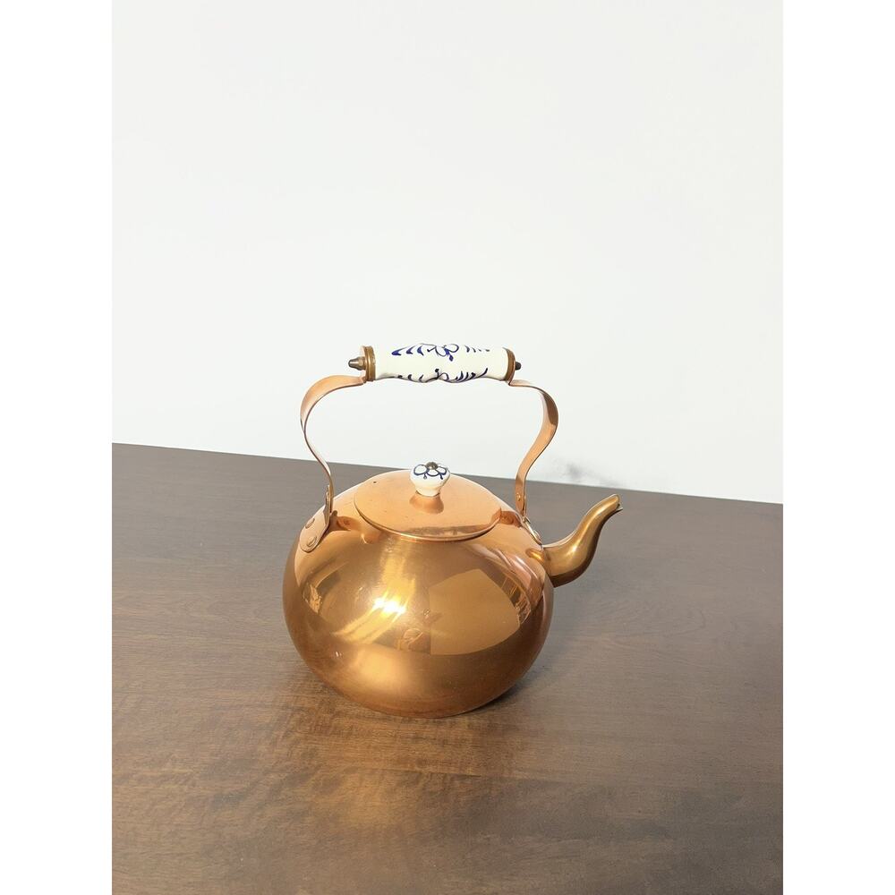 Vintage Copper Tea Kettle with Blue & White Ceramic Accents